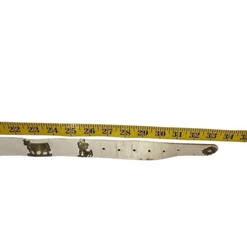 Vintage White‎ Leather Belt Brass Cow Herder Swiss Folk Art Cottagecore 33 Inch